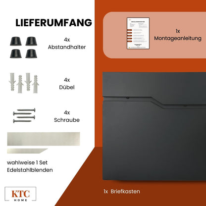 Premium Briefkasten Postlux 4.0 Schwarz - mit Edelstahlblende